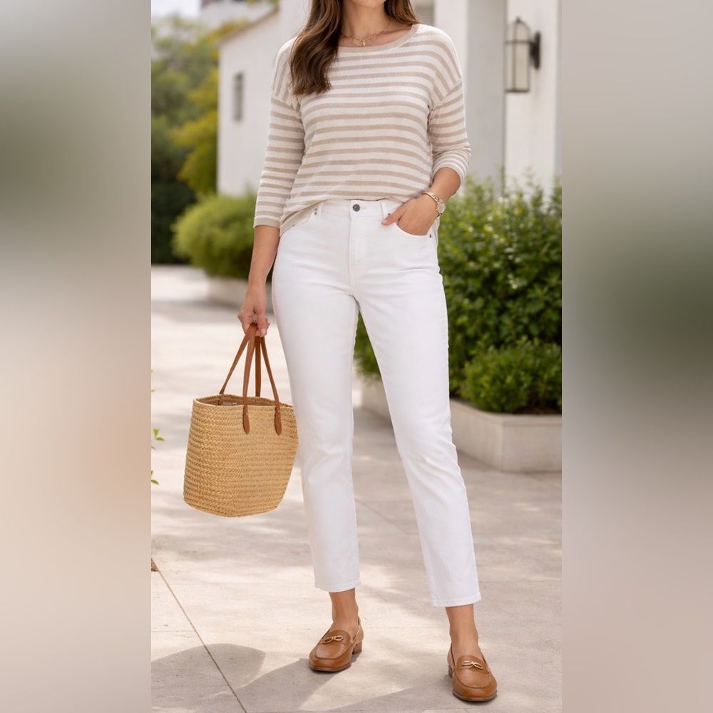 ELLE Paris White Stretch Denim Jeans Women’s Slim Straight Ankle Cotton Size 12